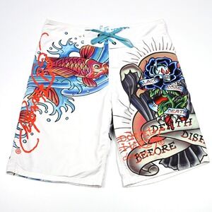 Ed Hardy Board Shorts Surf Swim Trunks Size 34 Black Rose Koi Boardshorts‎ White